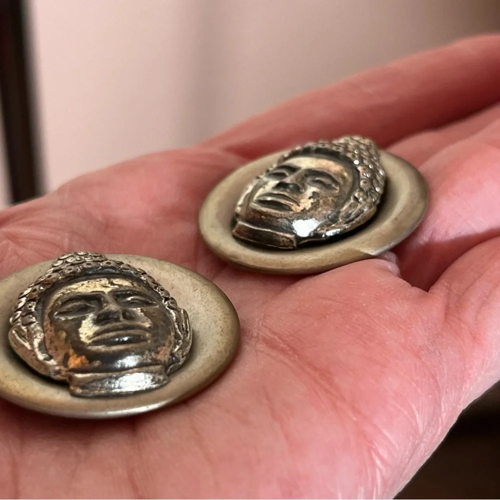 Vintage 1960 70 MCM Thailand Buddha Silver cosplay Oversized Art deco Cufflinks